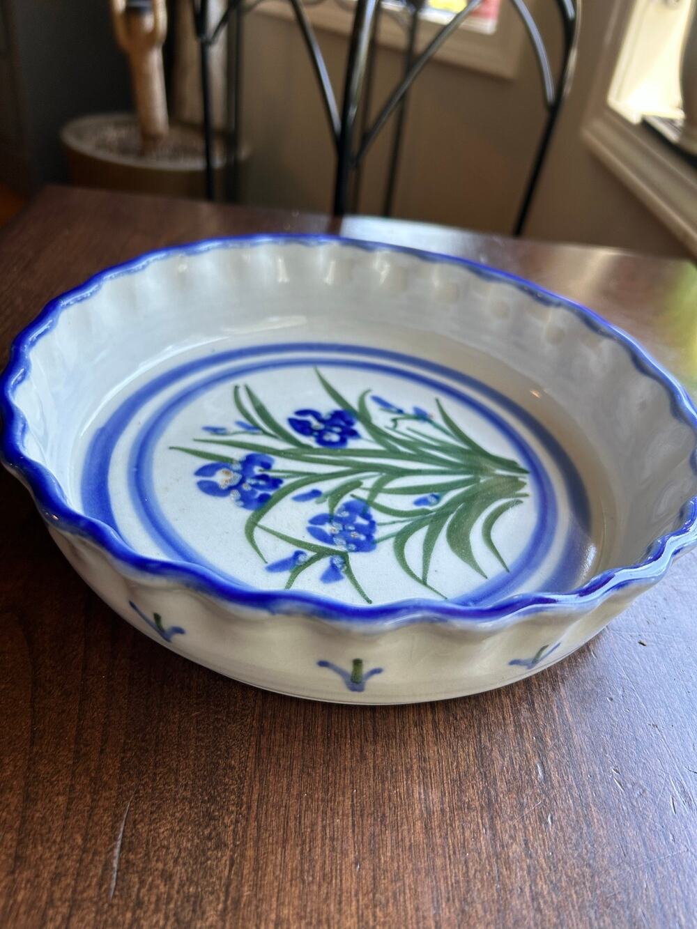 Vintage Signed Hand Painted Blue Iris Pottery Bowl Sharon Arts Studio 1987 8.5”